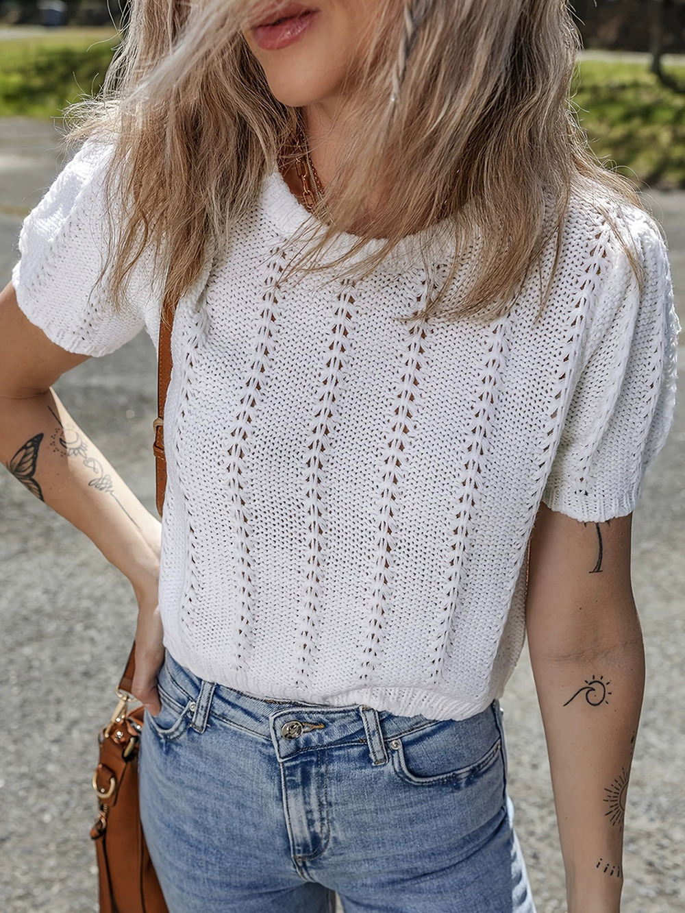 ZARA Sweet French Round Neck Mesh Hollow Knit Short Sleeve Sweater Top